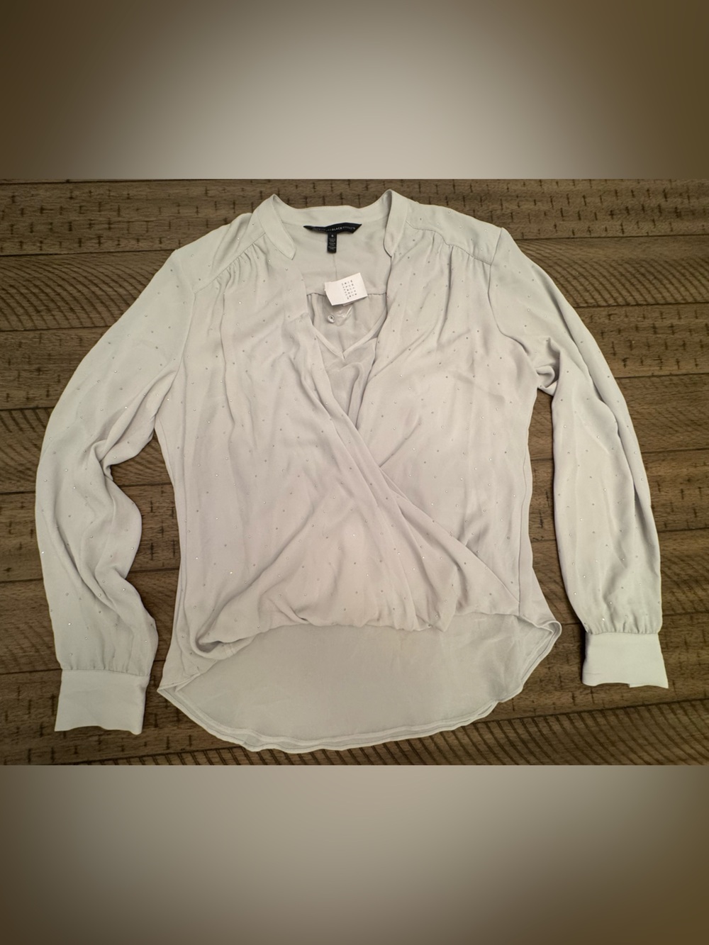 WHITE HOUSE BLACK MARKET Gray Long-Sleeve Surplice Blouse with Rhinestone Detail